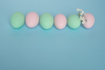 Fototapeta na wymiar Beautiful easter table setting composition. A row of pastel colored eggs, pink, mint, white gypsophila wildflower flower on blue background. Happy Easter greeting card. Top view