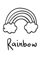 Coloring pages, black and white cute kawaii hand drawn rainbow doodles, lettering rainbow