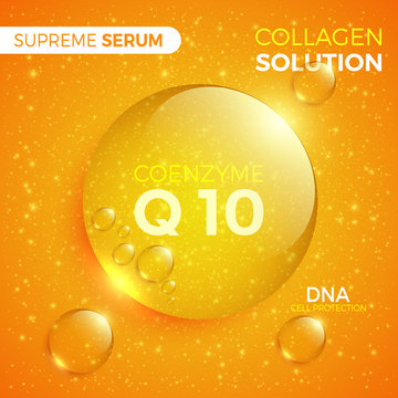 Coenzyme Q10. Collagen solution. Shiny golden round drop of supreme serum. Package design cosmetic products. Vector illustration.