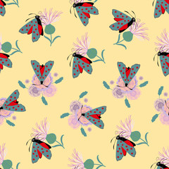 Six spot burnet butterfly seamless vector pattern background. Day flying moth on pink gold knapweed backdrop. Scottish coastal insect. All over print for Scotland summer vacation,wildlife concept