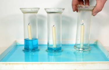 etup that shows how candles use oxygen. Three glasses placed over candles with short intervals starting from left. The colored water lifs up in the glass as the oxygen is ued.