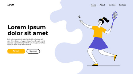 Young woman playing badminton. Cartoon character holding racket and throwing shuttlecock flat vector illustration. Sport, activity, lifestyle concept for banner, website design or landing web page