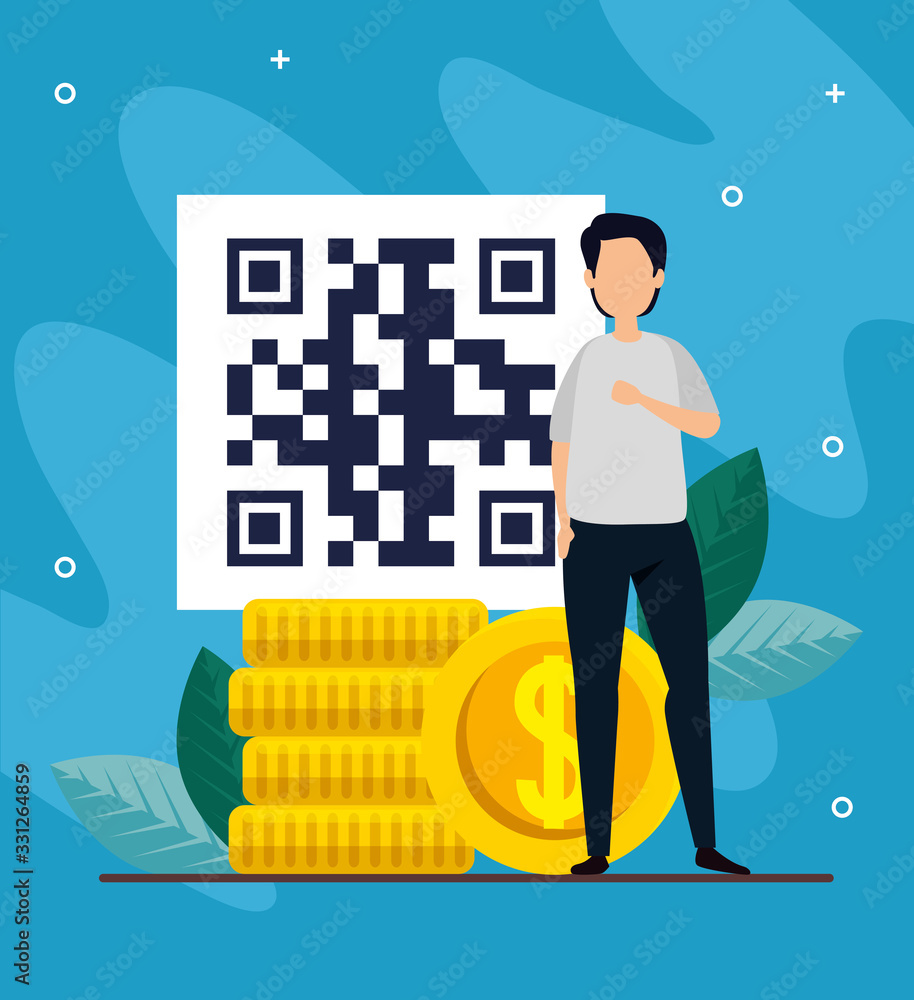 Poster man with code qr and icons vector illustration design