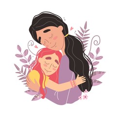 Mothers day greeting card, Mom and girl are smiling and hugging