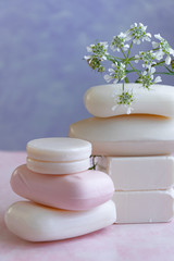 Handmade soaps with wild flowers extract. Hygiene, artisanal products