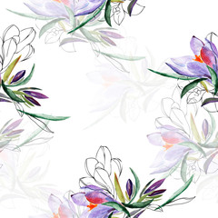 Crocus seamless pattern.Image on a white and color background.