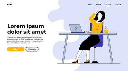 Shocked woman using laptop. Female employee looking at screen and holding head flat vector illustration. Communication, bad news concept for banner, website design or landing web page