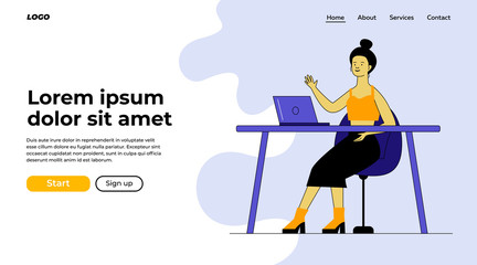 Blogger waving hello at monitor. Woman using laptop for video call flat vector illustration. Communication, blog concept for banner, website design or landing web page