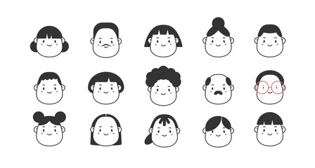 Comic Face avatars. Men and Women. Various Haircuts. Minimalistic icons. Graphic Vector set. Head with wide chin. Egg shaped faces. Cartoon Asian style. Simple cute design. Every icon is isolated