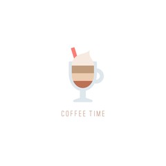 Latte cup with a straw. Coffee theme. Coffee lovers concept.  Minimalistic Icon. Logo template. Colored vector Illustration. Cartoon style, simple Flat design. Isolated on a white background