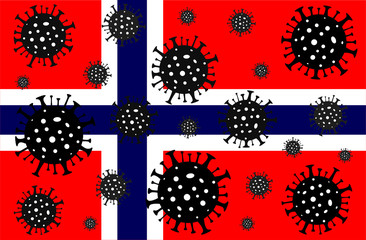 Coronavirus in Norway. Coronavirus danger. Novel coronavirus (2019-nCoV), Abstract virus strain model. Coronavirus on the background of the flag of Norway