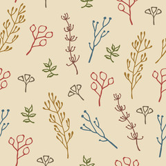 Seamless hand drawn floral pattern of colourful plants, green leaves, berries twigs, grass and rose hip on beige background. Doodle vintage style vector design for fabric textile, wrapping paper