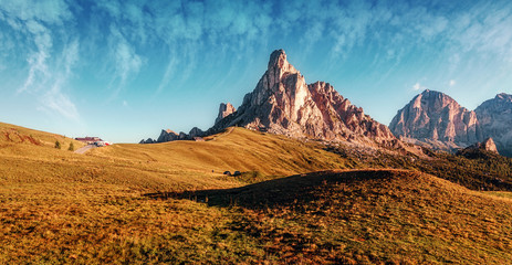 Beautiful summer landscape in Dolomites Alps. Beautiful countryside landscape with mountains, Ra...