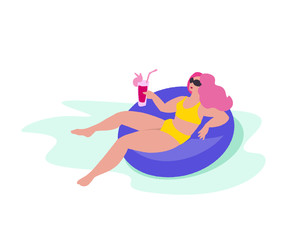 Young happy woman on inflatable swimming pool float.