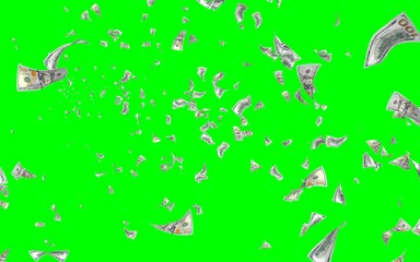 Flying dollars banknotes isolated on chromakey. Money is flying in the air. 100 US banknotes new sample. 3D illustration