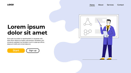 Professor explaining medical research result. Man in white coat presenting molecule structure flat vector illustration. Presentation, education concept for banner, website design or landing web page