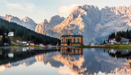 Wonderful sunny landscape. Misurina Lake or Lago di Misurina Italy. National Park Tre Cime di...