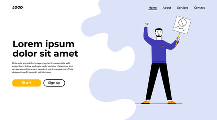 Man showing placard. Protest activist holding poster and making threaten gesture flat vector illustration. Resistance, riot, fight concept for banner, website design or landing web page