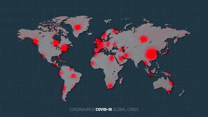 Map of worldwide Coronavirus pandemia spread. Warning of virus global outbreak. Virus structure on a planet Earth background with stars. International infectione. Vector illustration.