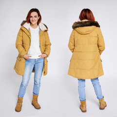 front and back view of woman in warm winter clothes posing over grey © Di Studio