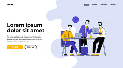 Three man having business meeting in office. Employees discussing work project flat vector illustration. Teamwork, discussion, conference concept for banner, website design or landing web page