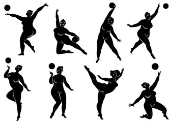 Collection. Gymnastics. Silhouette of a girl with a ball. The woman is overweight, a large body. The girl is full figured. Vector illustration set