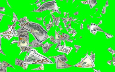 Flying dollars banknotes isolated on chromakey. Money is flying in the air. 100 US banknotes new sample. 3D illustration