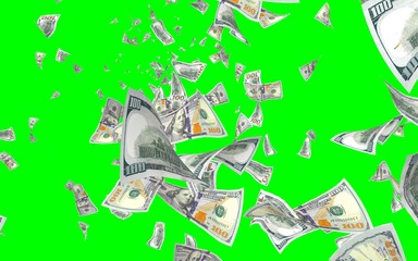 Flying dollars banknotes isolated on chromakey. Money is flying in the air. 100 US banknotes new sample. 3D illustration