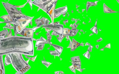 Flying dollars banknotes isolated on chromakey. Money is flying in the air. 100 US banknotes new sample. 3D illustration