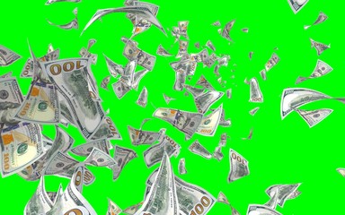 Flying dollars banknotes isolated on chromakey. Money is flying in the air. 100 US banknotes new sample. 3D illustration