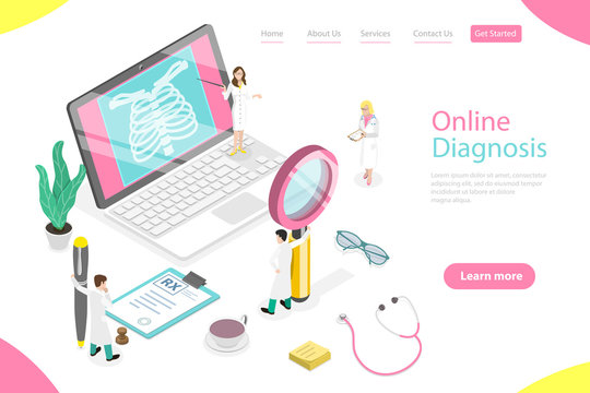 Isometric flat vector landing page template of online diagnosis.