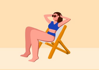 Girl sunbathes on a deck chair in flat style . Vector illustration. A woman with long hair in sunglasses with raised hands sits on a chair.