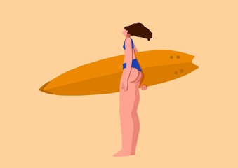 Surfer girl in trendy flat style. Vector.Woman with a surf board in hands.A young tanned girl with long flowing hair in a swimsuit for surfing