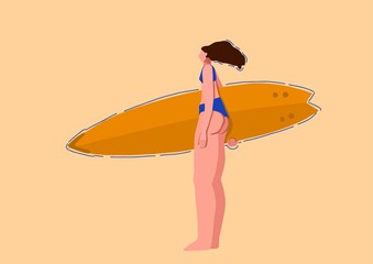 Surfer girl in trendy flat style. Vector.Woman with a surf board in hands.A young tanned girl with long flowing hair in a swimsuit for surfing