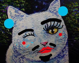 Art painting oil color A crazy cat with glasses from thailand , meowing