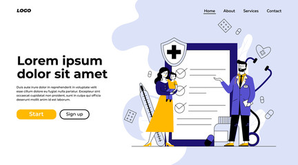 Woman with kid consulting doctor. Patient, pediatrician, medical checkup list flat vector illustration. Examination, healthcare, treatment concept for banner, website design or landing web page