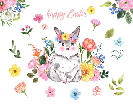 Hand painted watercolor cute Easter bunny and pretty flowers, isolated on white background. Spring rabbit illustration. Colorful holiday card design