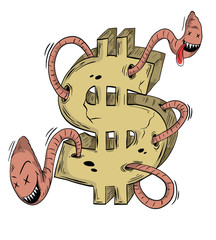 Cartoon picture of a dollar symbol being eaten by a worm.