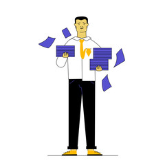 Unhappy manager with stacks of papers. Office worker holding heaps of documents flat vector illustration. Paperwork, bureaucracy concept for banner, website design or landing web page