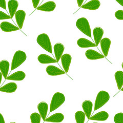 Seamless pattern of green different leaves. Spring or summer illustration in flat and doodle style with hand draw outline. Cute trendy botanical background. 