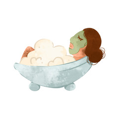 Young girl with vitiligo in the bathroom with foam and a green mask on her face digital texture art. Print for stickers, packaging, banners, posters, cards, web, stationery, fabrics, paper.