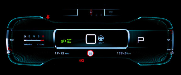 Illuminated car dashboard panel with speedometer, tachometer, odometer, fuel gauge, car temperature...