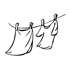 Towel and T-shirt are dried on a clothesline. Vector illustration in line art style. Isolated on a white background.