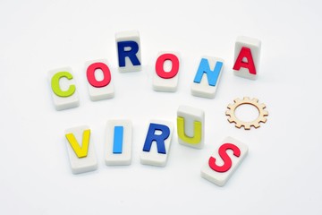 La palabra coronavirus hecha con fichas de dominó y letras de madera, unas levantadas y otras tumbadas