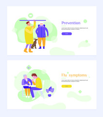 Vaccination concept for immunity health. Reception at the doctor, а man sneezing in a public transport. Webbanner template. Vector illustration