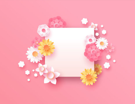 Spring paper cut pink flower copy space template