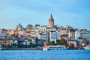 Istanbul cityscape in Turkey with Galata Kulesi Tower. Ancient Turkish famous landmark in Beyoglu district, European side of the city. Architecture of the former Constantinople