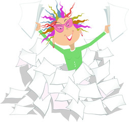 Businesswoman and a pile of papers or documents illustration.  Pretty smiling woman with papers in both hands arises from a big pile of papers or documents isolated on white