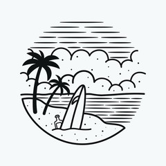 vacation summer beach vintage retro, vector line art illustration. Fun holiday, coloring book.