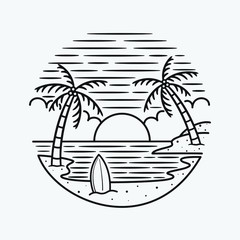vacation summer beach vintage retro, vector line art illustration. Fun holiday, coloring book.